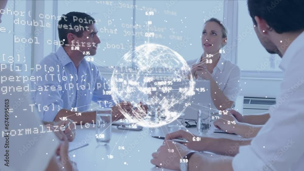Poster animation of spinning globe and data processing against diverse businesspeople discussing at office