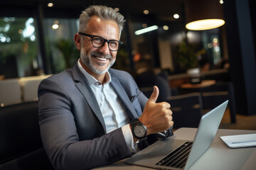 A businessman exudes pride and contentment as he watches a video testimonial from a satisfied customer. Concept of customer satisfaction and testimonials. Generative Ai.