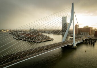 Aerial view of Erasmus Bridge, the Erasmusbrug in the center of Rotterdam. The Netherlands.