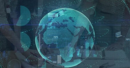 Animation of statistical data processing, 5g text over spinning globe against colleagues discussing - Powered by Adobe