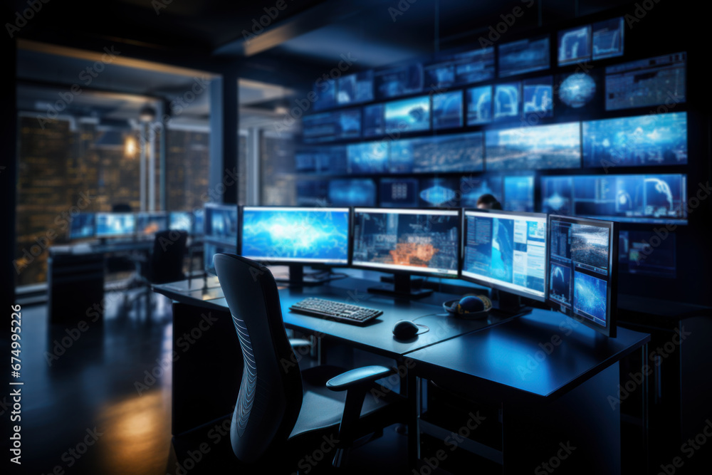 Poster a technology-packed control room with numerous screens displaying data. concept of monitoring and ma