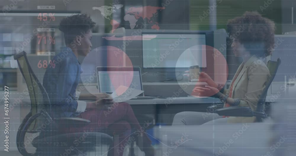Poster animation of statistical data processing against two diverse women discussing at office