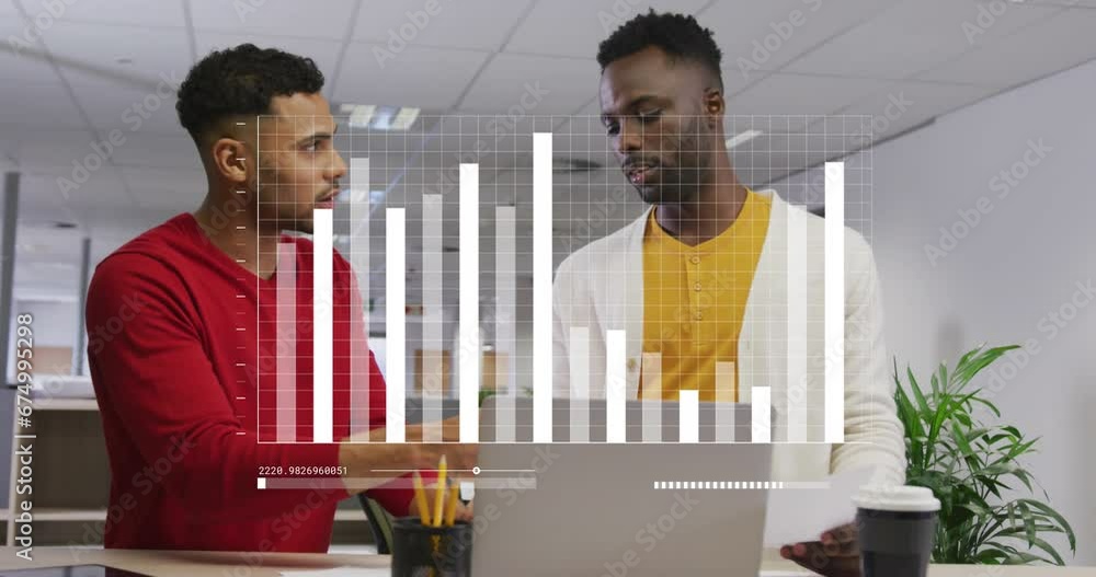 Poster animation of statistical data processing against two diverse man discussing at office