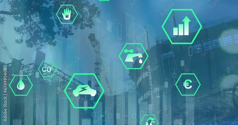Poster animation of multiple graphs and icons over tree and under construction building against sky