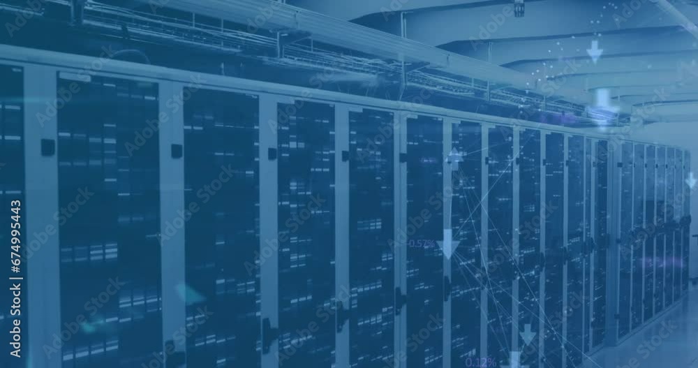 Poster Animation of circle and connected arrows over bars on data server racks in server room