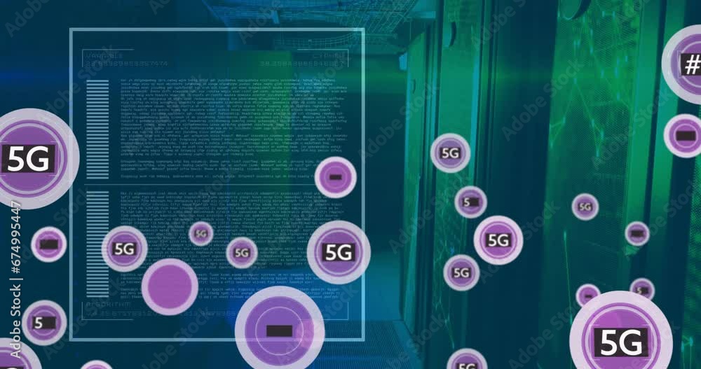Poster Animation of 5g text in circles, data over connected dots on data server racks in server room