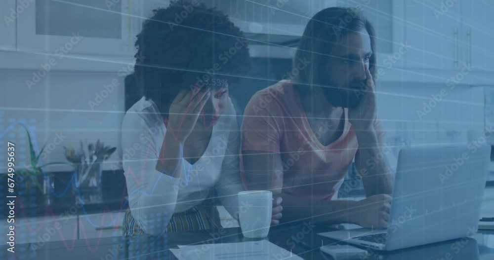 Poster animation of graphs with changing numbers over stressed diverse couple looking at expenses in laptop