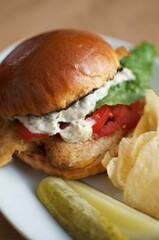 Delicious grilled fish burger on the plate