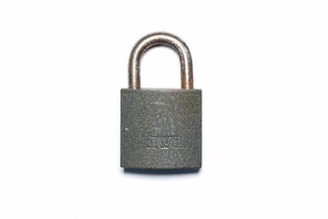 Rusty old silver padlock isolated on a white background