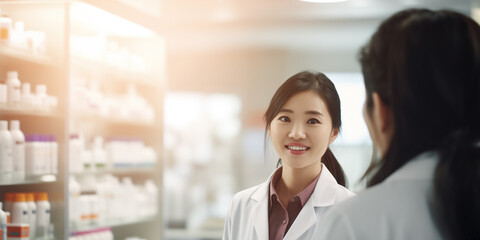 A dedicated pharmacist from China, ready to assist with expertise and a welcoming smile. Concept global health stewards with multicultural woman shaping pharmacy excellence.