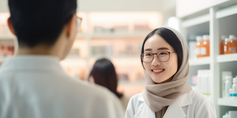 Friendly service from a skilled Korean pharmacy professional in a lab coat with hiyab.