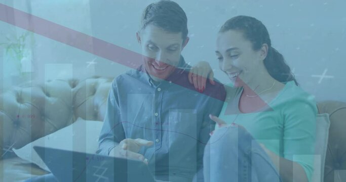 Animation of arrow on bar graphs over diverse couple watching videos on laptop at home