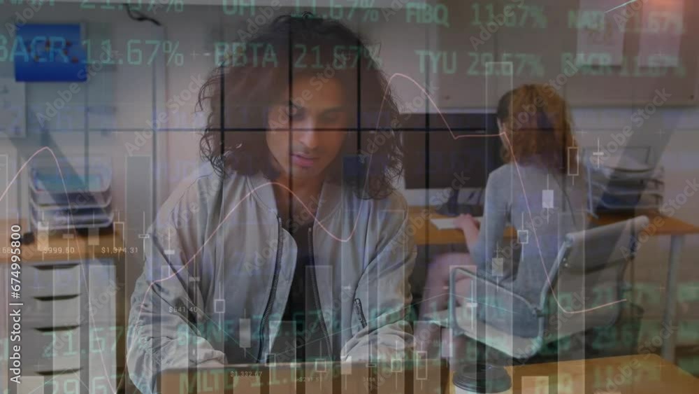 Poster animation of multiple graphs and trading board over biracial man working on laptop in office
