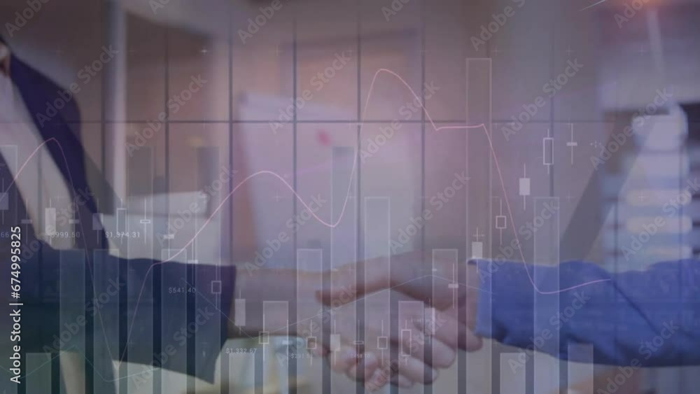 Aufkleber animation of multiple graphs over caucasian coworkers shaking hands after discussing in office