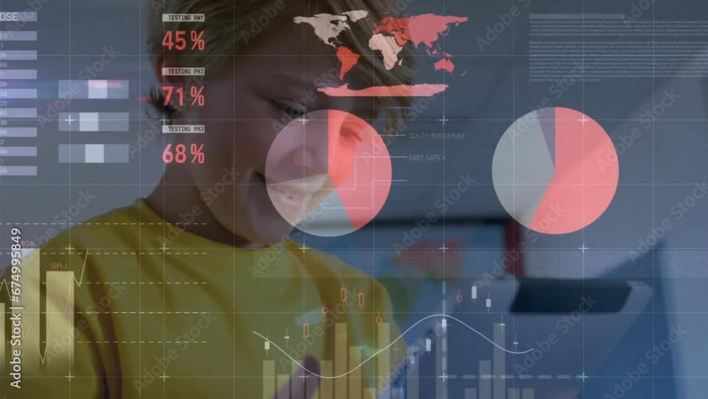 Aufkleber animation of multicolored infographic interface over caucasian boy using digital tablet