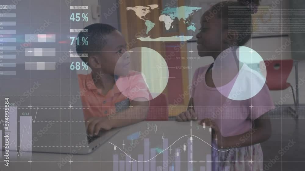 Poster animation of infographic interface over diverse children talking while using laptop