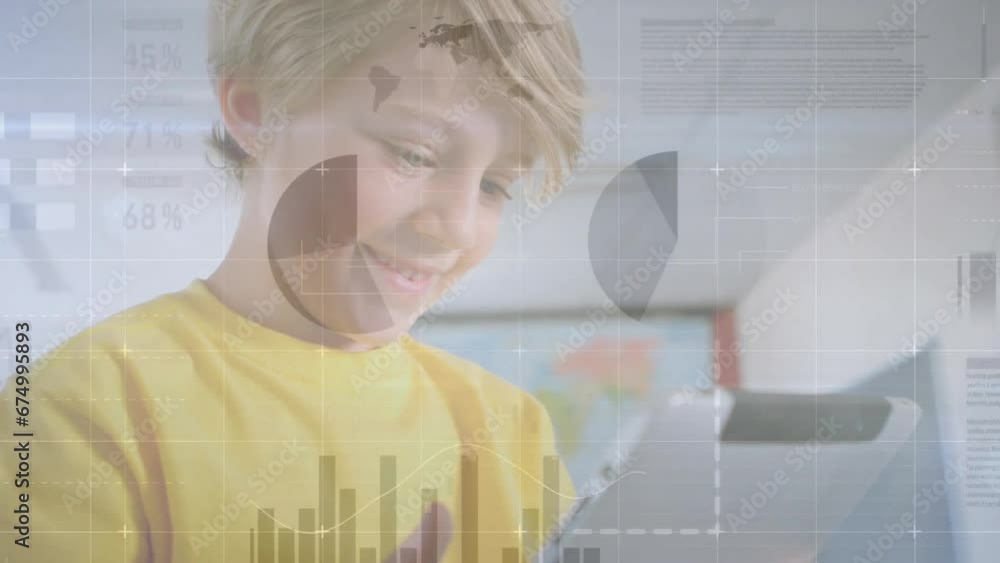 Aufkleber animation of infographic interface over smiling caucasian man scrolling on digital tablet