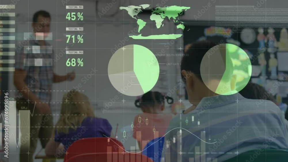 Sticker Animation of multicolored infographic interface over diverse teacher teaching students on whiteboard