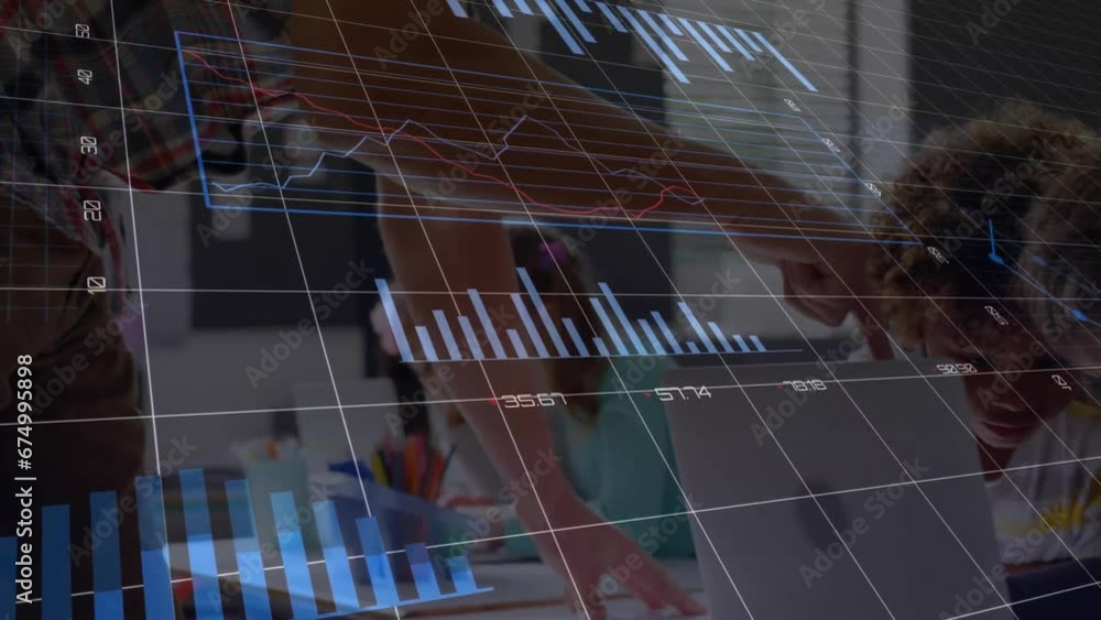 Poster animation of multiple graphs with changing numbers, diverse teacher teaching students using laptop