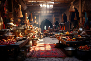 An Arabian bazaar with colorful textiles, spices, and bustling market activity. Concept of cultural...