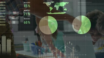 Animation of multicolored infographic interface, diverse teacher teaching students using laptop - Powered by Adobe