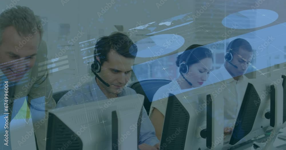 Poster animation of infographic interface, diverse manager discussing with customer service representatives