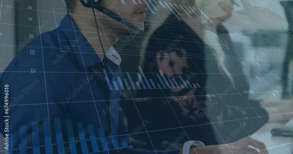 Poster animation of graphs, changing numbers over diverse customer representatives talking with customers
