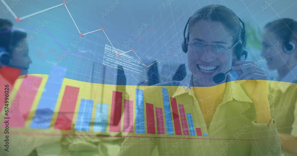 Poster animation of graphs, computer language over smiling caucasian female customer service representative