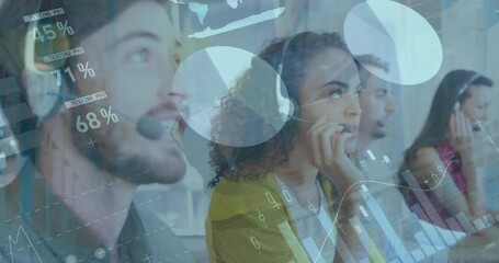 Animation of infographic interface over diverse customer representatives talking with customers - Powered by Adobe
