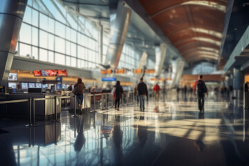 Fototapeta premium A bustling airport terminal with travelers from around the world. Concept of global travel and connection. Generative Ai.