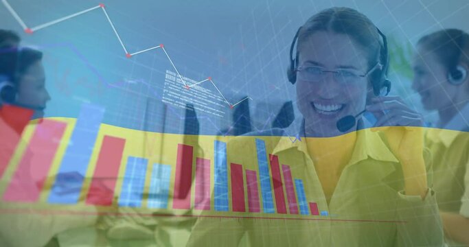 Animation of graphs, computer language over smiling caucasian female customer service representative