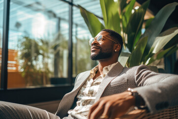 Portrait of wealthy and successful African American man, wearing stylish designer clothing and relaxing in a luxury condo, enjoying a moment - obrazy, fototapety, plakaty