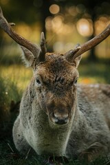 Obraz premium Horned deer resting in a grassy meadow