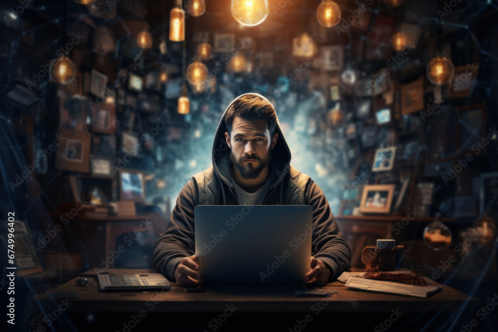 Poster a tech-savvy man surrounded by screens and gadgets, coding and problem-solving. concept of technolog