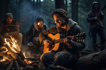 A musician strumming a guitar by a campfire, serenading friends under the stars. Concept of music...