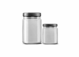 3D rendering of two clear glass jars with black lids isolated on a white background