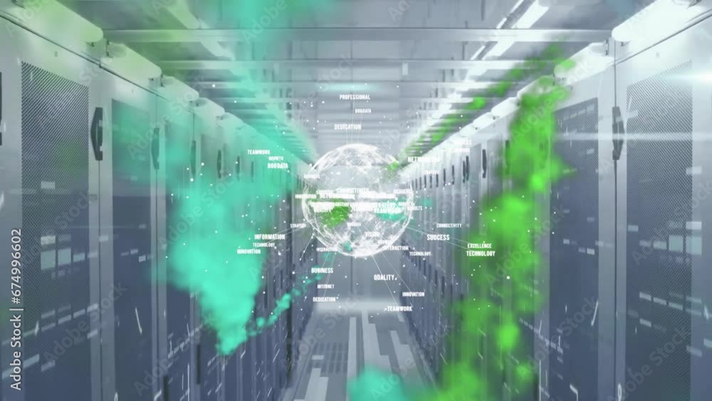 Poster animation of globe with network of connections over computer servers