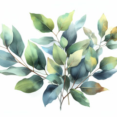 Market Blue Olive Green Watercolor Bundle Floral Nature Woodland Branches Elegant Eucalyptus Petals Leaves Foliage Court-side Wedding Save Date Trendy Botanical Leaf Greenery Flower Herb Collection.