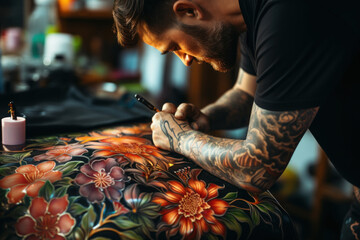 An artist creating intricate tattoos on a client's skin in a tattoo parlor. Concept of body art and self-expression. Generative Ai. - obrazy, fototapety, plakaty