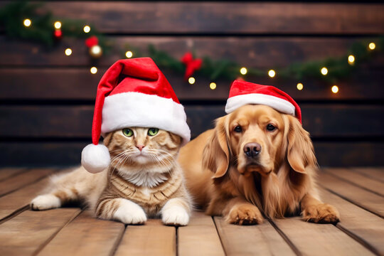 Pets at Christmas cat and dog sitting together wearing Christmas hats festive Christmas greeting card image desktop wallpaper