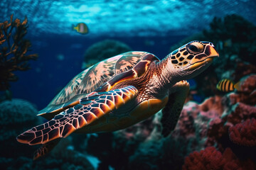 Obraz na płótnie Canvas Hawksbill Turtle Gliding through the Coral Seascape