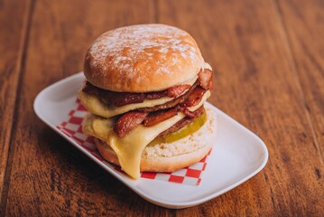 Closeup shot of an appetizing burger with bacon and cheese on a white plate.