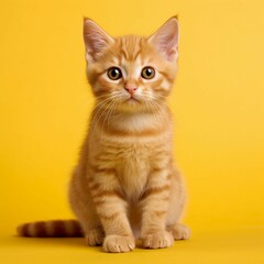 An adorable gray and white tabby kitten sits perched atop a bright yellow background - obrazy, fototapety, plakaty