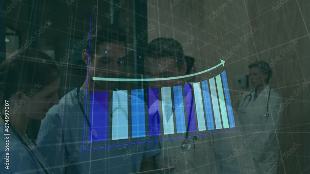 Aufkleber animation of statistics and financial data processing over diverse doctors