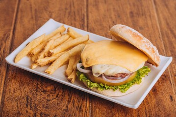 Closeup shot of a delicious hamburger with French fries on a wooden table.