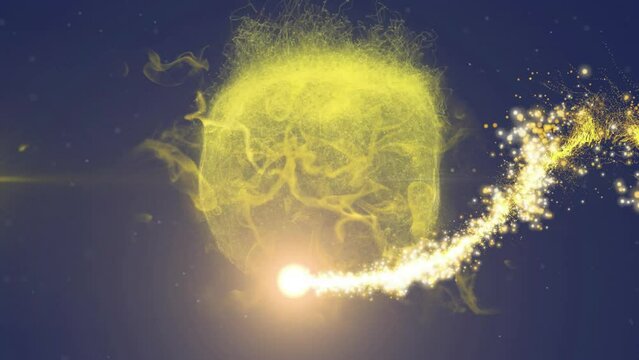 Animation of shooting star over yellow glowing globe on dark background