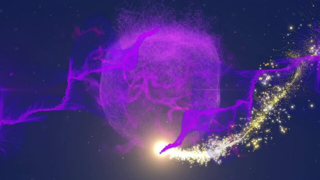 Animation of shooting star over purple glowing globe on dark background
