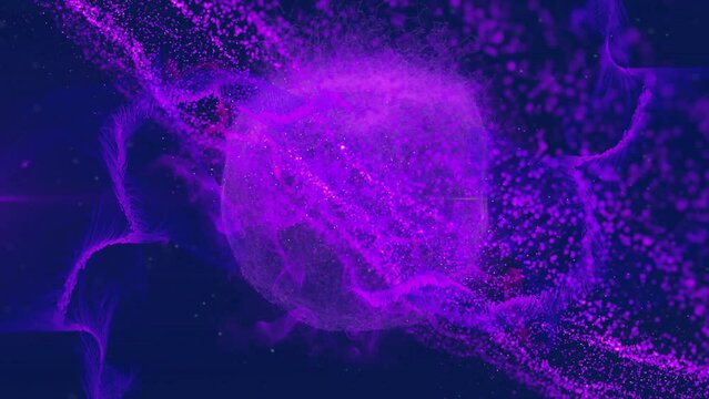 Animation of purple glowing globe with network of mesh connections on dark background