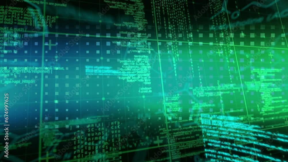 Poster animation of scientific data processing over grid and purple squares