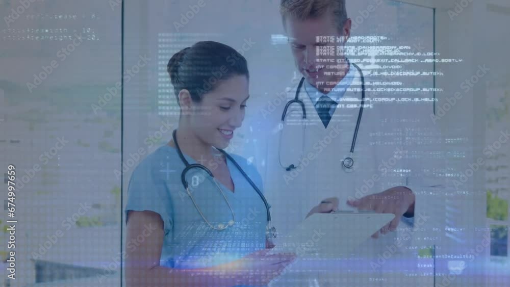 Aufkleber animation of data processing over caucasian doctors